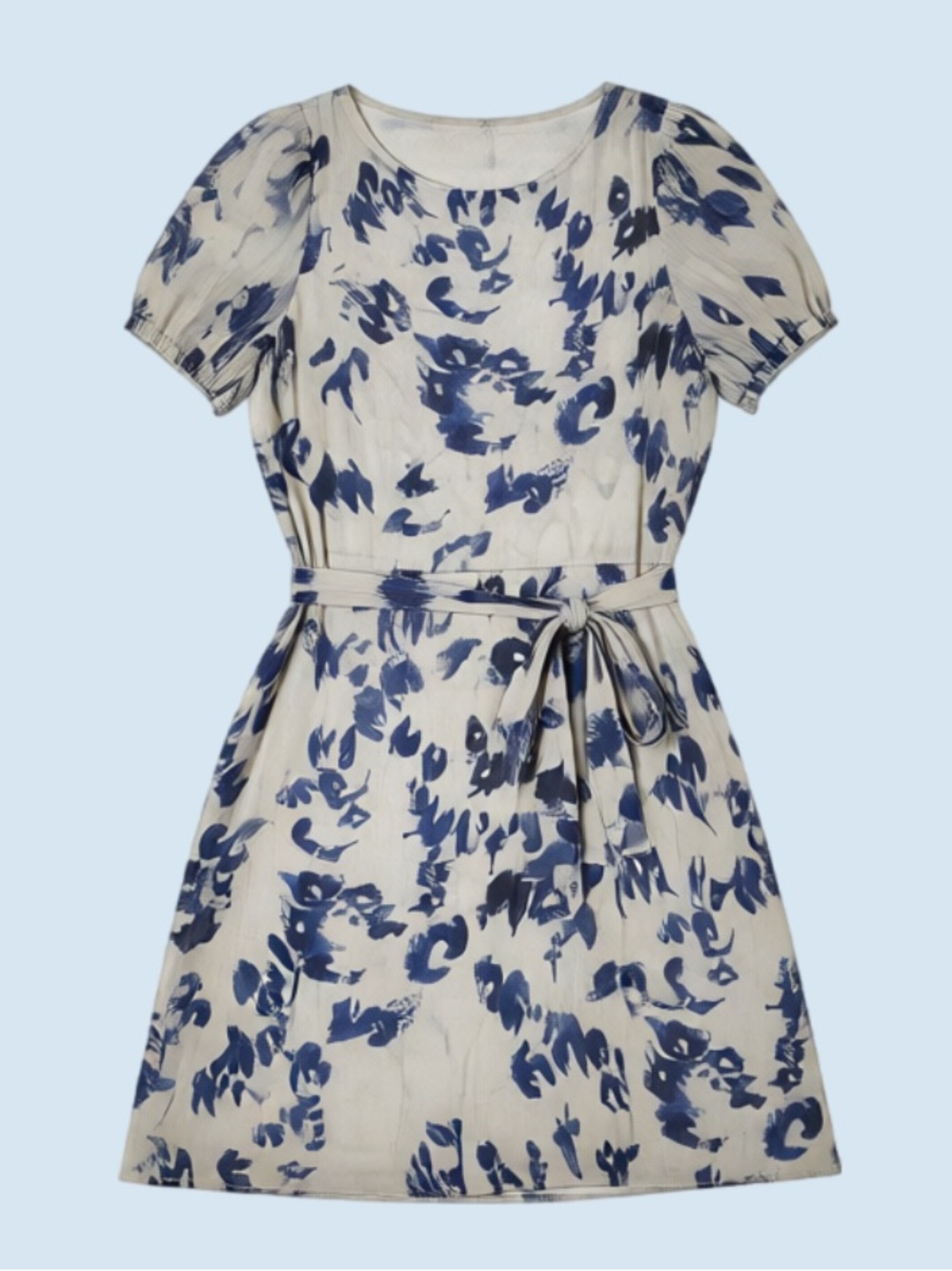 DKNY Cream Dress with Blue Abstract Floral Print and Waist Tie
